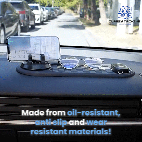 SlideGuard Pro - Multifunction Car Anti-Slip Mat on car dashboard holding phone, sunglasses, and keys.