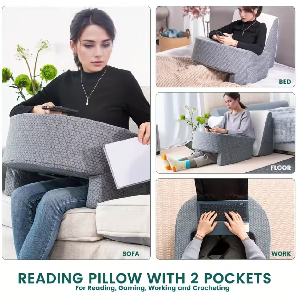 Collage of a reading pillow with two pockets in use for reading, gaming, and working on a bed, sofa, and floor.