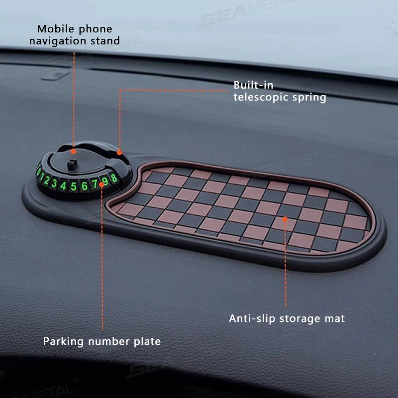 SlideGuard Pro - Multifunction Car Anti-Slip Mat with mobile phone holder, parking number plate, and anti-slip storage features.