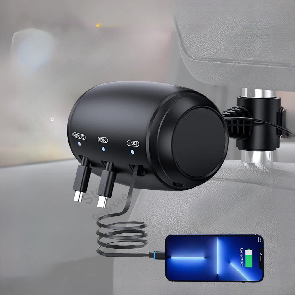 3-in-1 retractable backseat car charging station with dual USB ports and a phone charging cable