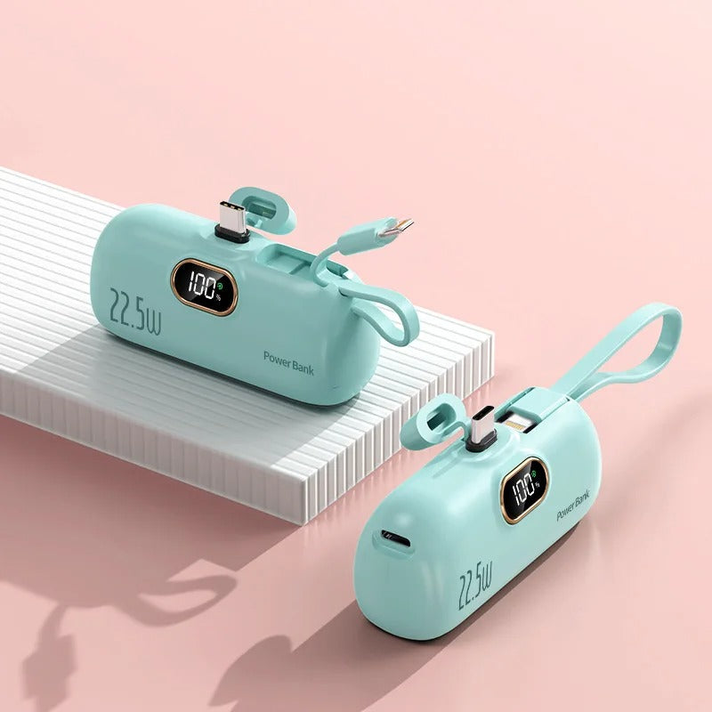 5000mAh Mini Portable Charger Power Bank in mint color with fast charging display, perfect for on-the-go energy.
