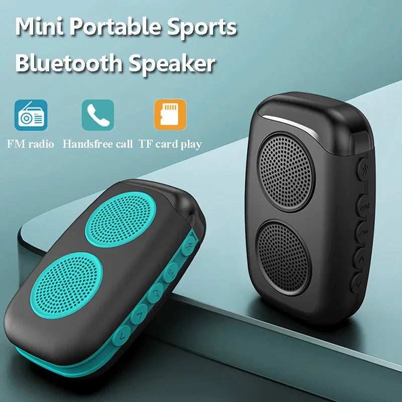 Mini Sports Bluetooth Speaker with FM radio, handsfree call, and TF card play features in portable design.