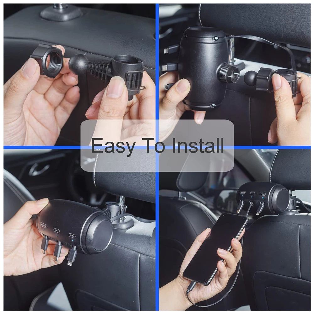 Collage of 4 images showing the installation of a retractable backseat car charging station with easy setup.