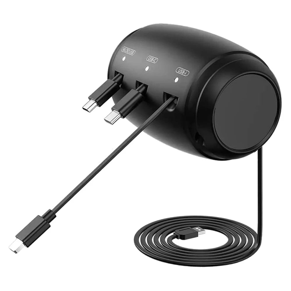 Backseat car charging station with retractable cables and USB ports for convenient charging on the go.