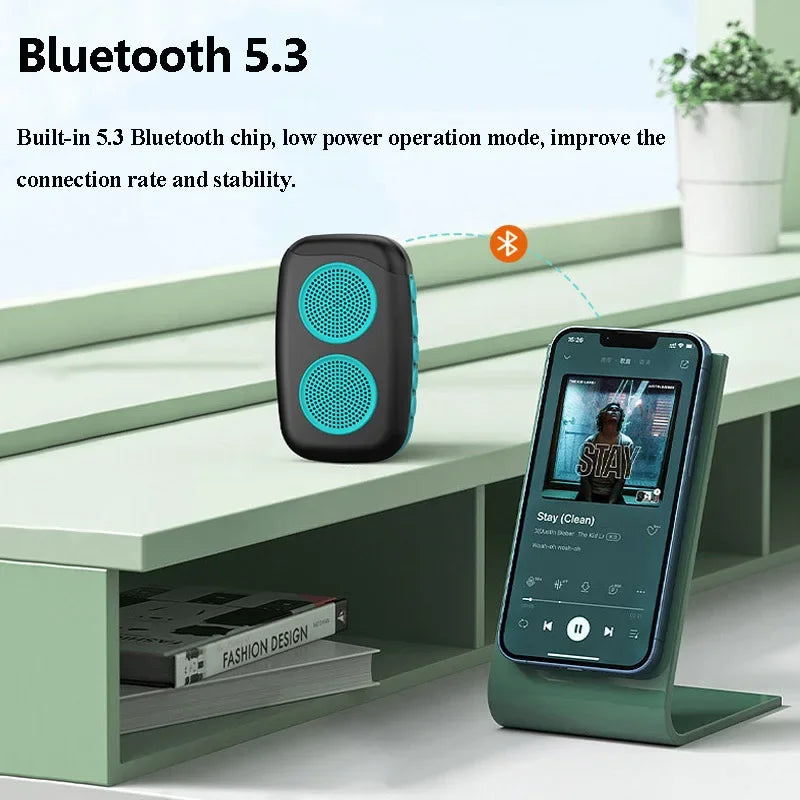Mini Sports Bluetooth Speaker with Bluetooth 5.3 technology, showcasing connection stability and portability.