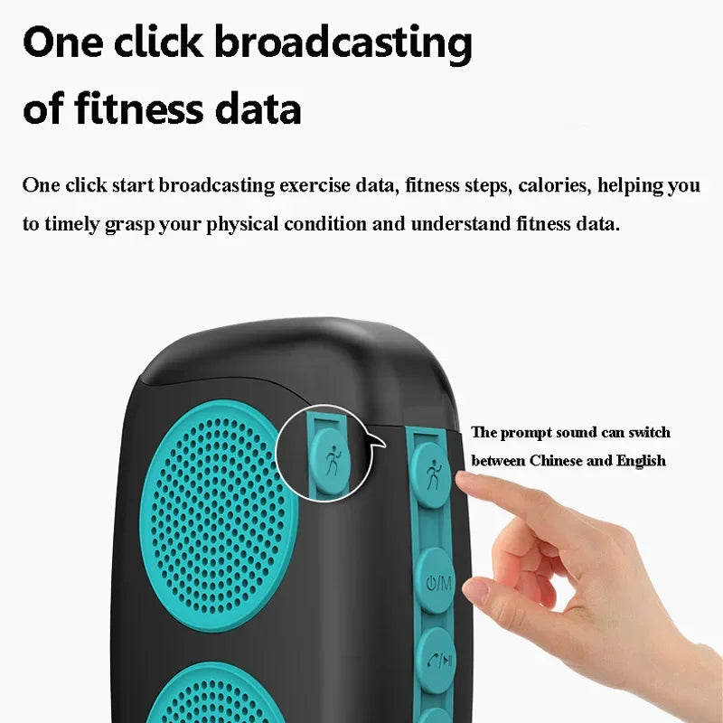 Mini Sports Bluetooth Speaker featuring one-click broadcasting of fitness data and multilingual prompt sound.