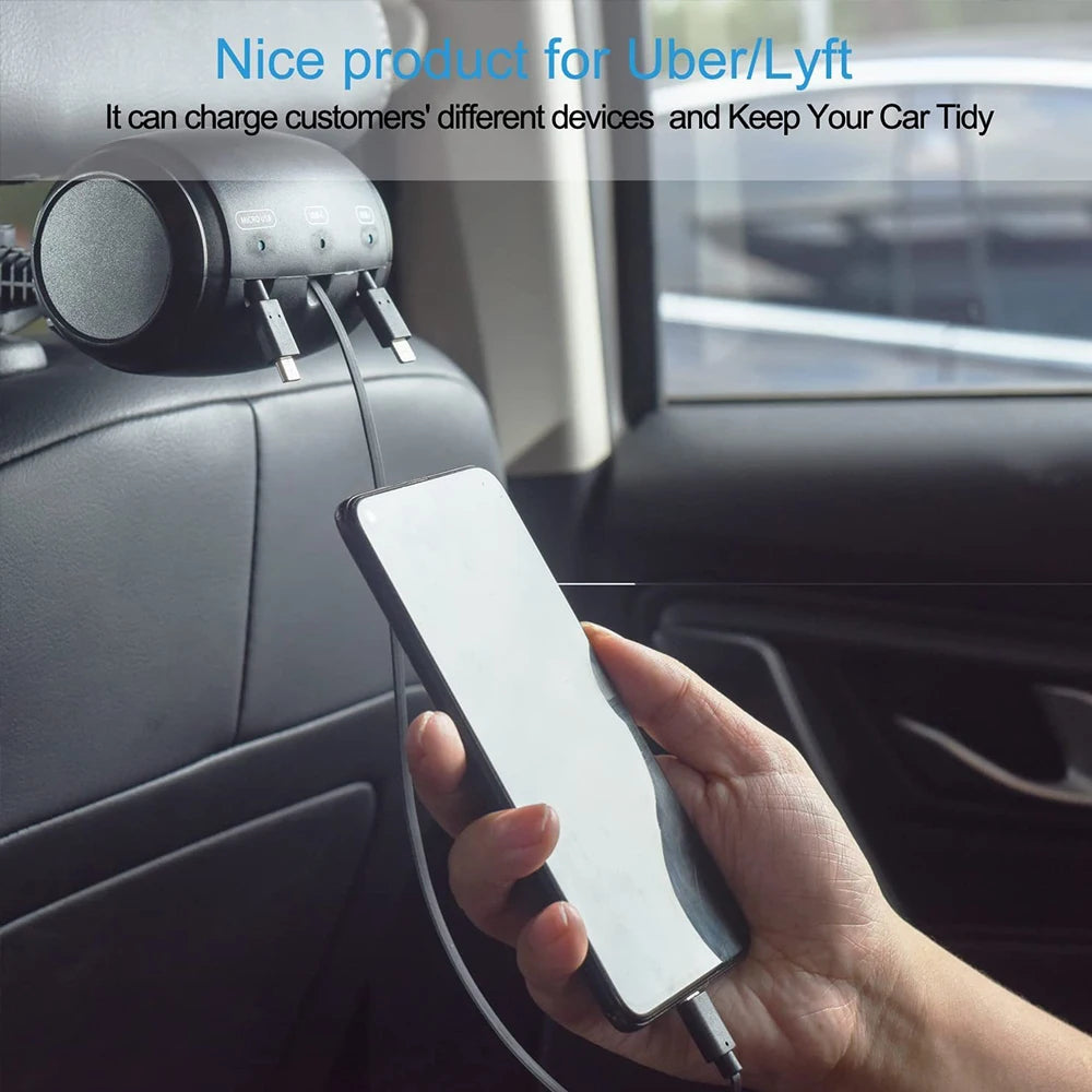 Backseat car charging station in use, charging a smartphone for convenient access while keeping the car organized.