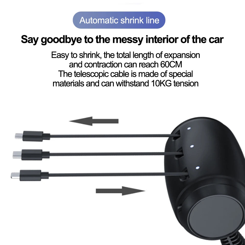Backseat car charging station with retractable cables, designed for easy storage and neat car interiors.