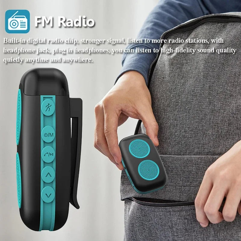 Mini Sports Bluetooth Speaker with FM Radio and headphone jack for high-fidelity sound quality anytime and anywhere.