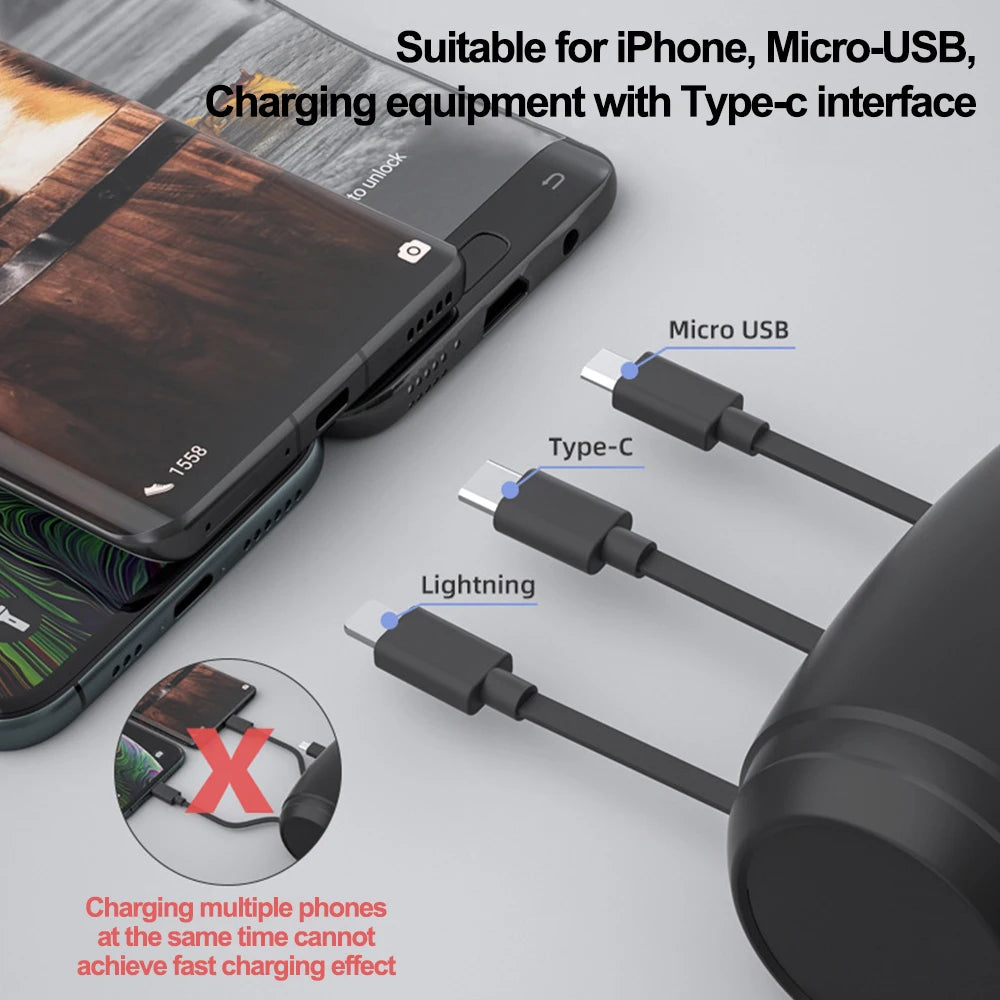 Image showing a backseat car charging station with Micro USB, Type-C, and Lightning cables for multiple devices.