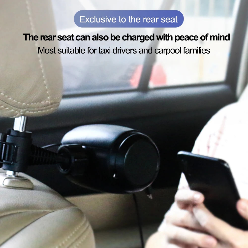 Retractable backseat car charging station, ideal for taxis and carpools, providing charging convenience for rear seat passengers.